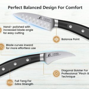 CoquusAid Paring Knife set, 2PCS small kitchen knife for fruit, 3.8 Inch Fruit knife and 2.75 inch Bird Beak peeling knife,Premium Germany Stainless Steel Ergonomic Handle,Elegant Black Ideal for Gift