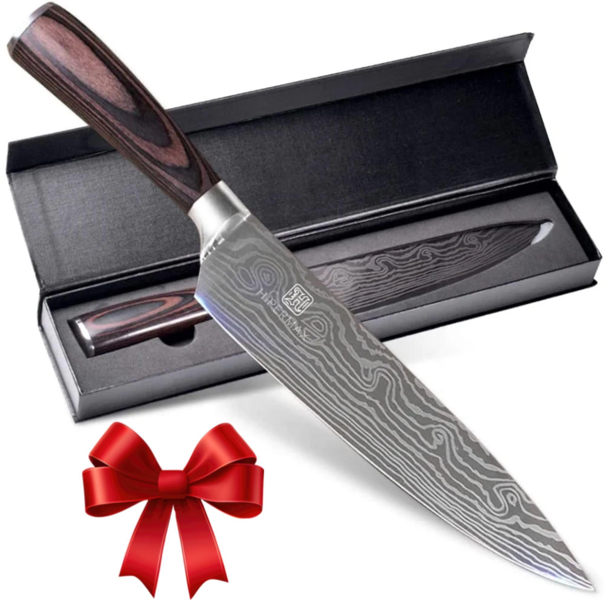 HIPERMAX Damascus 8 inch professional and household chef's knife made of sharpened stainless steel with high carbon content and ergonomic pakka wood handle for cutting food, luxury gift case