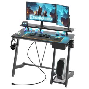 treetalk gaming desk with power outlets & music strip lights, computer desk with large monitor stand&drawer, gamer workstation with cpu stand for home office