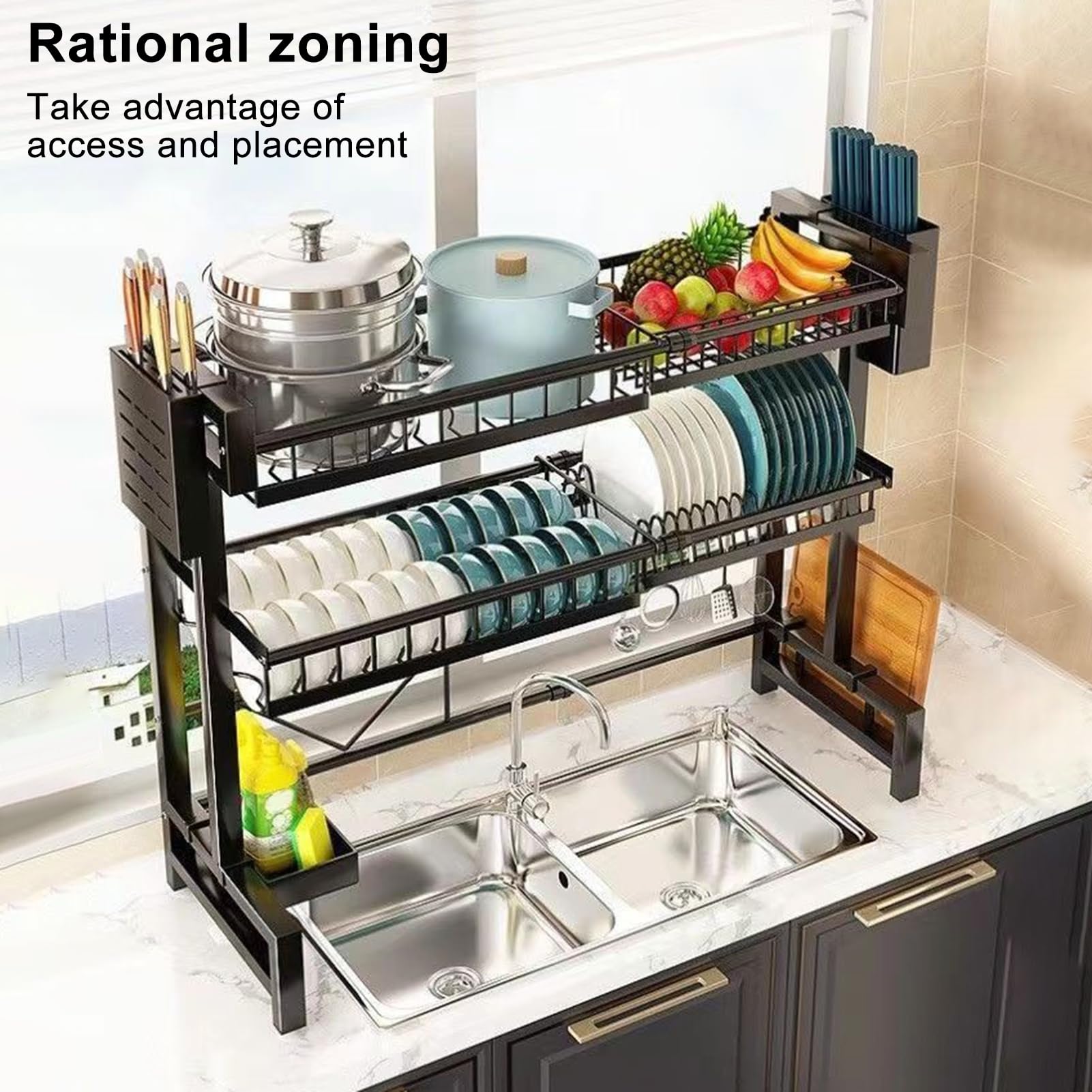 Dish Drying Rack,Over The Sink Dish Drying Rack,2 Tier Large Capacity Dish Rack, Sink Organize Stand, Kitchen Counter Storage Shelf Kitchen Organizers and Storage Rack for Bowls Dishes Utensils Dual