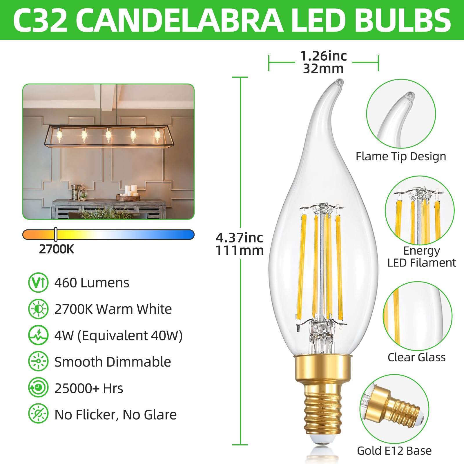 weddeg E12 LED Candelabra Bulbs 40 Watt Equivalent, Dimmable 2700K Warm White LED Candle Light Bulbs, 460LM 4W Flame Tip CA10 Chandelier Light Bulbs, 90+CRI, 12-Pack