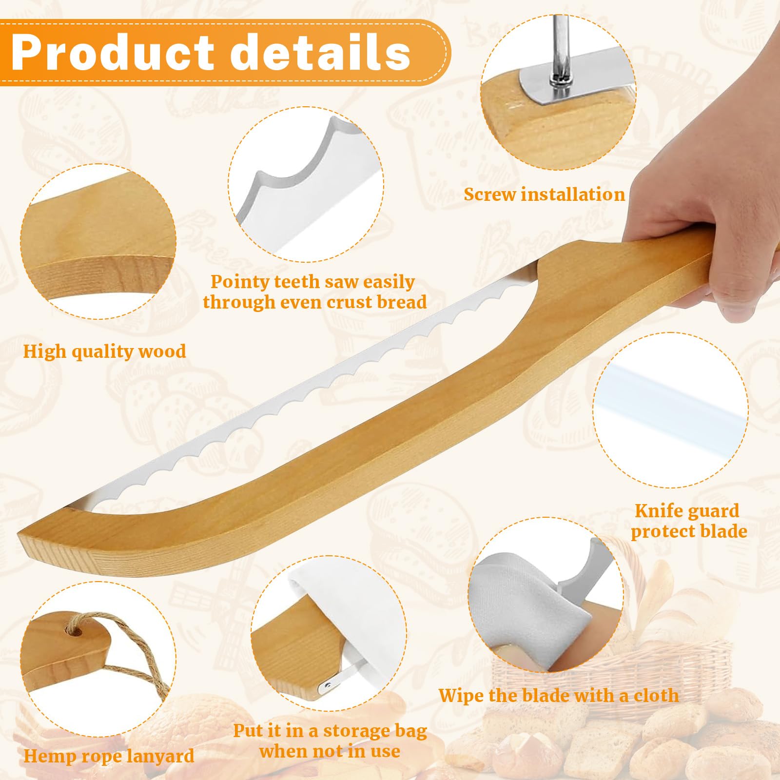 Zyuoel Wooden Bread Knife for Homemade Bread, 15.7" Bread Bowl Knife Right Handed Sourdough Bread Knife, Bread Bow Knife Bread Saw Kitchen Gift