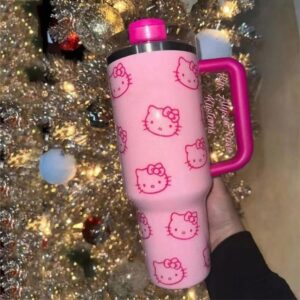 Generic Insulated Tumbler, 1 Sets 40 oz Tumbler with Handle and Straw Lid, Insulated Cup Reusable Stainless Steel Water Bottle Mug Cups,40 Oz Tumbler with Handle, Pink Kitty (Pink)