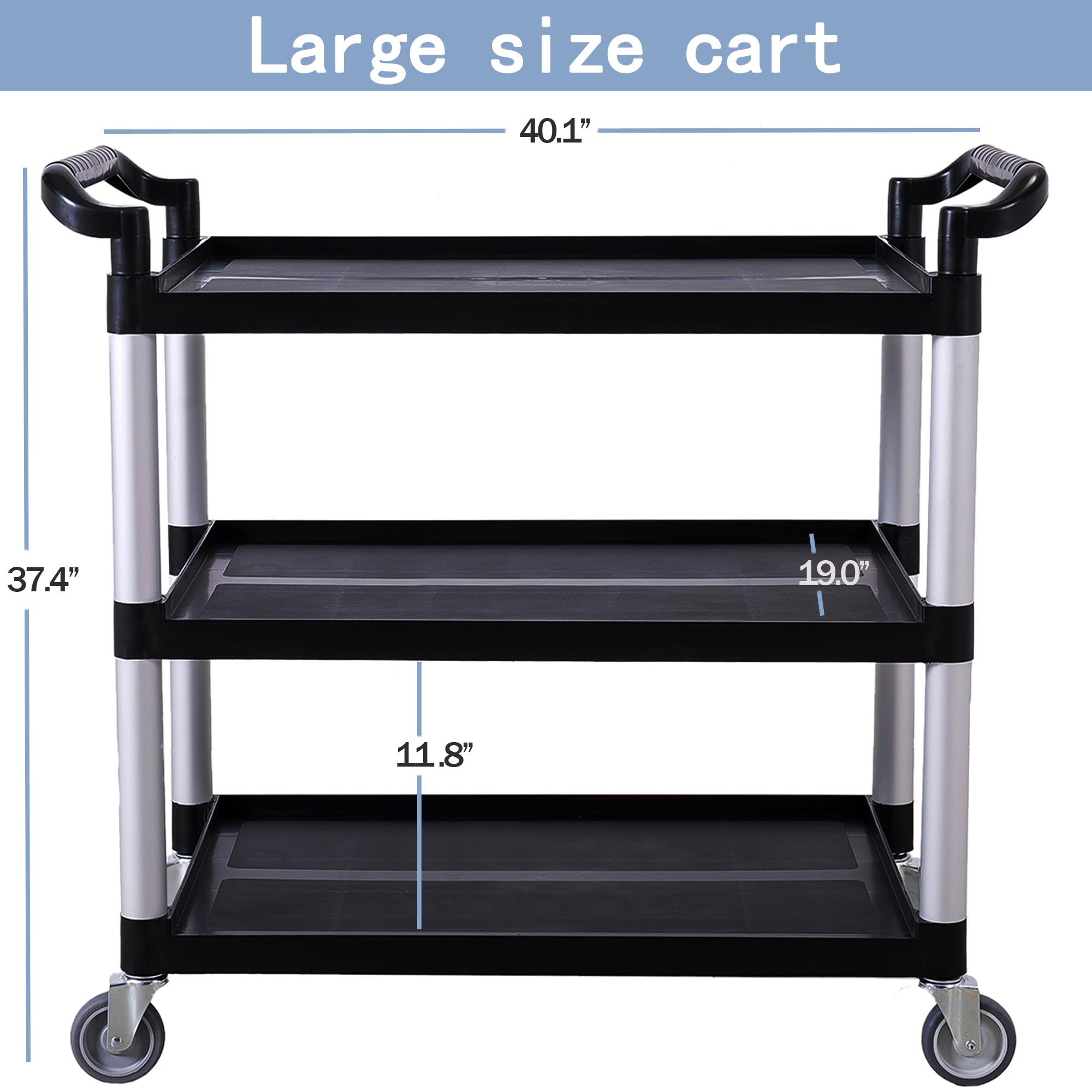 Utility Cart On Wheels 3 Tiers Service Cart with Wheels Plastic Heavy Duty Carts for Restaurant/Kitchen/Hotel/Laundry/Studio/Garage-Large