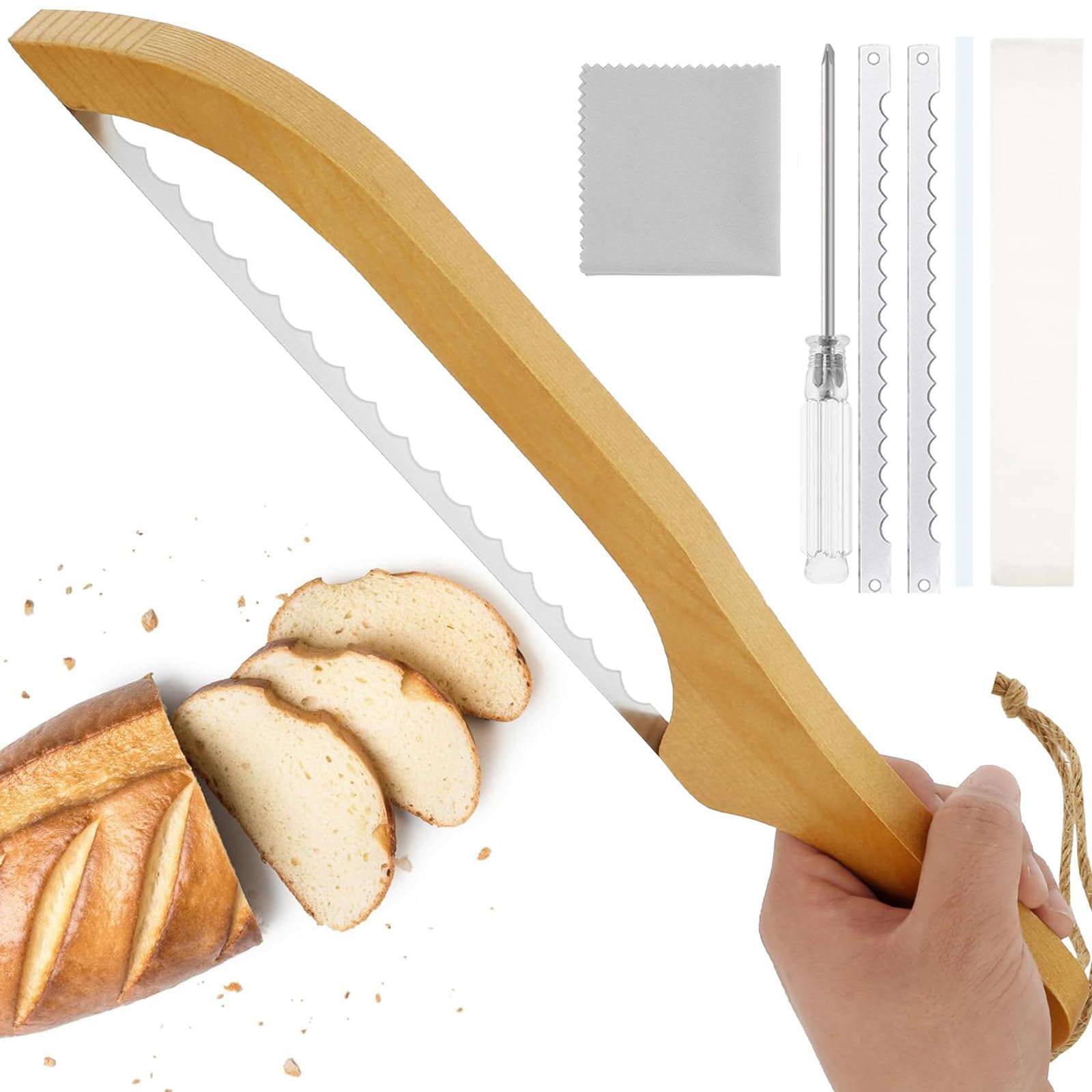 Zyuoel Wooden Bread Knife for Homemade Bread, 15.7" Bread Bowl Knife Right Handed Sourdough Bread Knife, Bread Bow Knife Bread Saw Kitchen Gift