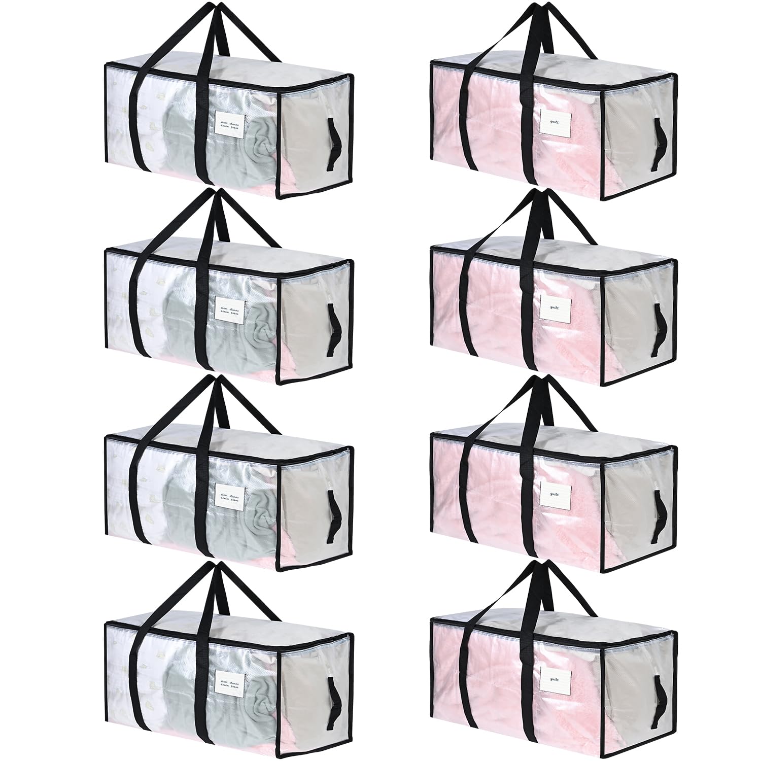 Rihim Clear Moving Bags 90L - 8 Pack Large Heavy Duty Storage Bags with Zipper, PP Plastic, Waterproof - Moving Totes with Lids, Packing and Storage Clothes, Pillow etc