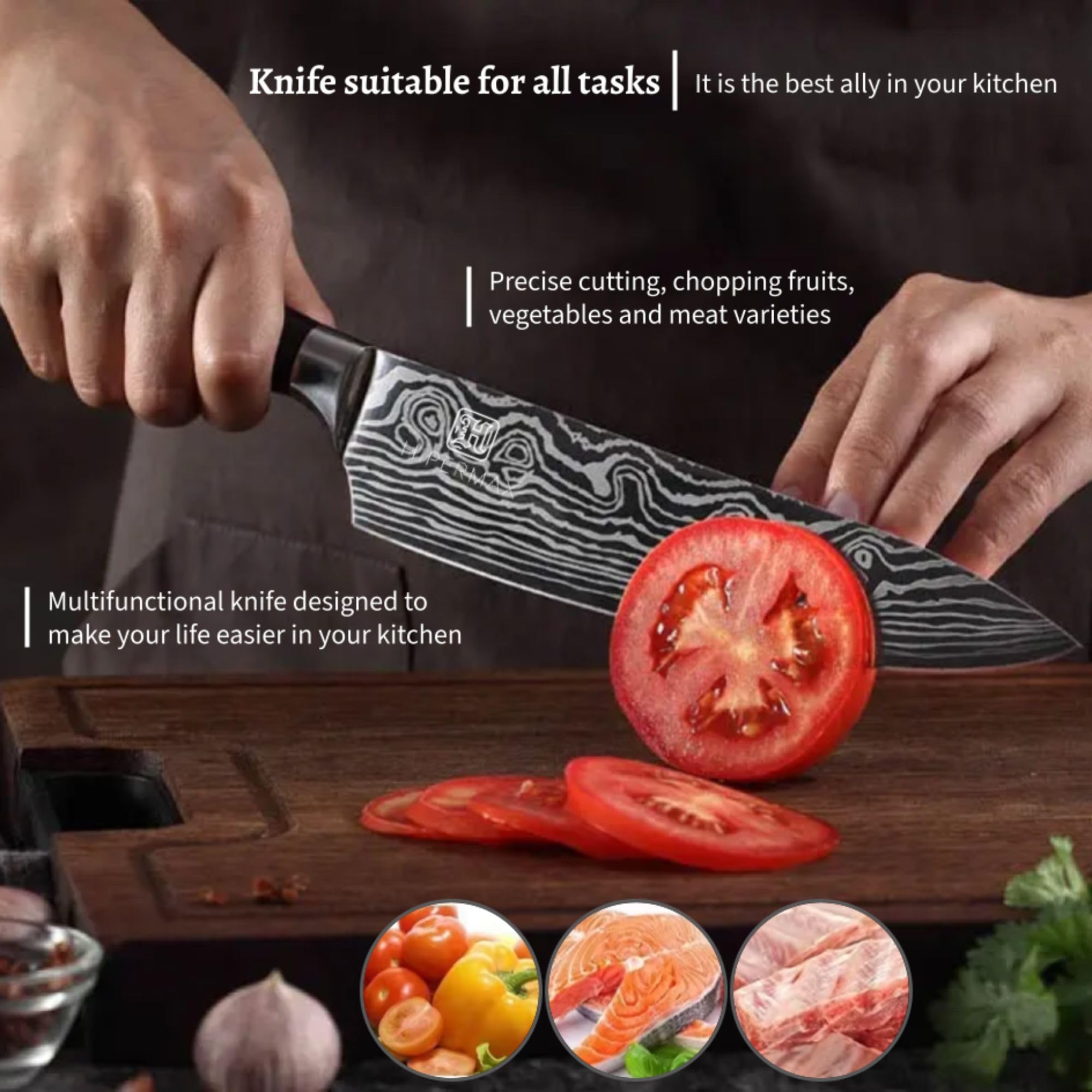 HIPERMAX Damascus 8 inch professional and household chef's knife made of sharpened stainless steel with high carbon content and ergonomic pakka wood handle for cutting food, luxury gift case