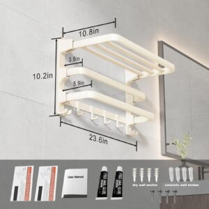 VOLDRA Towel Racks for Bathroom, 24-Inch Towel Shelf with 2 Towel Bar Foldable Towel Holder with 7 Hooks Towel Storage Organizer for Bathroom & Lavatory Wall Mounted(Milky White)