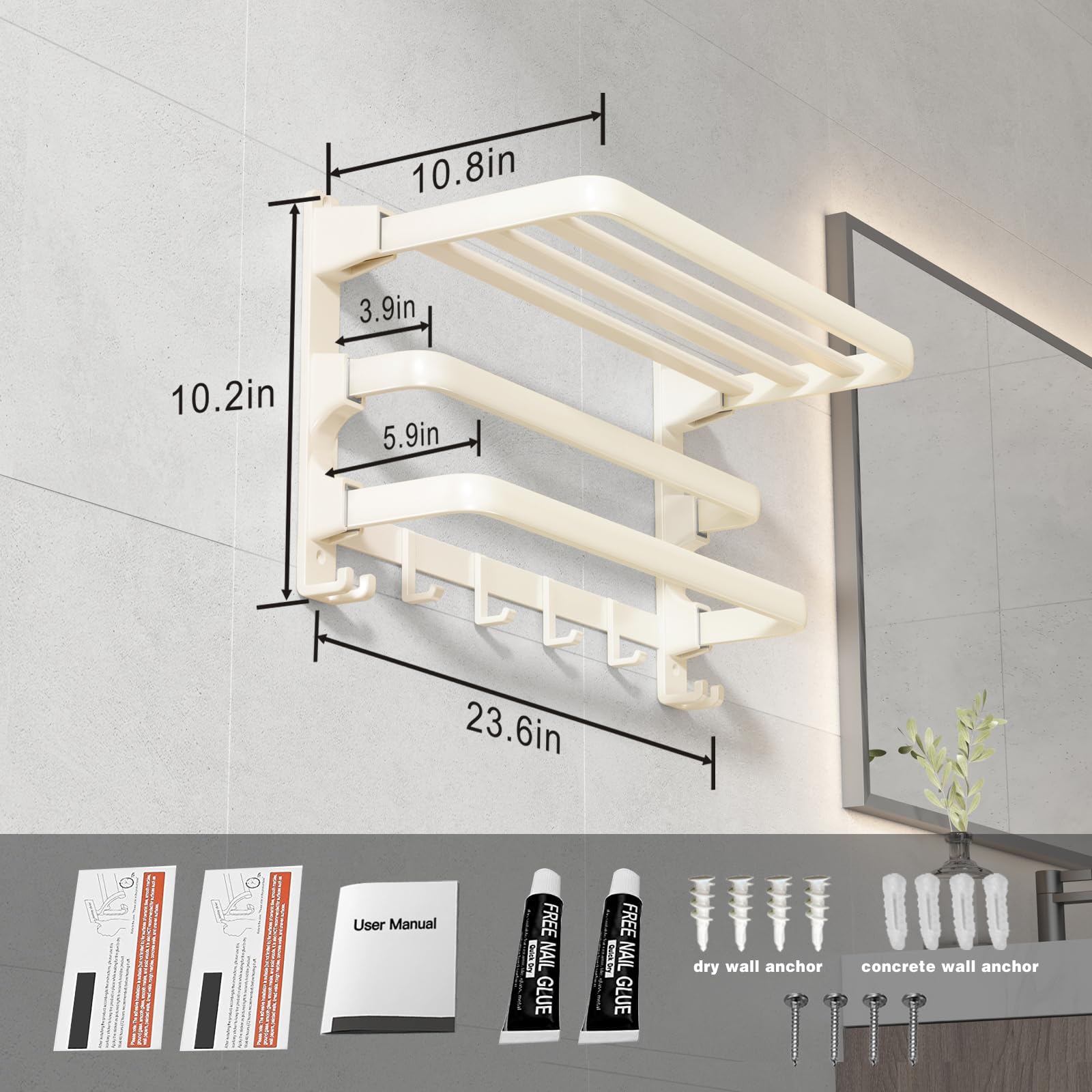 VOLDRA Towel Racks for Bathroom, 24-Inch Towel Shelf with 2 Towel Bar Foldable Towel Holder with 7 Hooks Towel Storage Organizer for Bathroom & Lavatory Wall Mounted(Milky White)