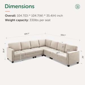 HONBAY Modular Velvet Sectional Couch, Convertible L Shaped Sofa with Reversible Chaise Oversized Sectional Corner Sofa Set for Living Room, Beige