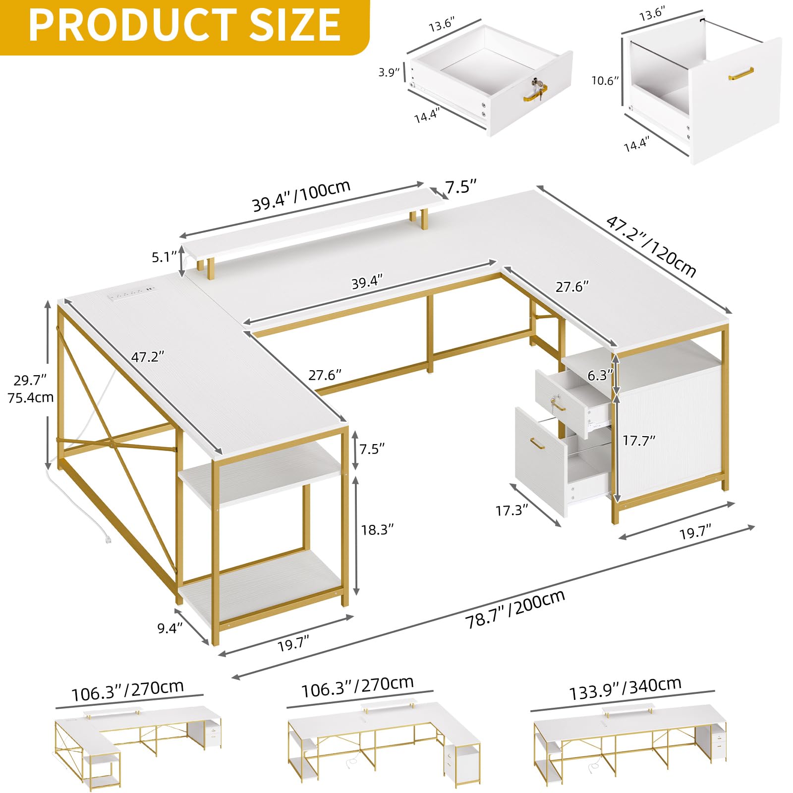 DWVO U Shaped Desk with Drawers, 79" Reversible L Shaped Desk with Power Outlets & LED Lights, Corner Computer Desk with Monitor Stand & Storage Shelves, White & Gold