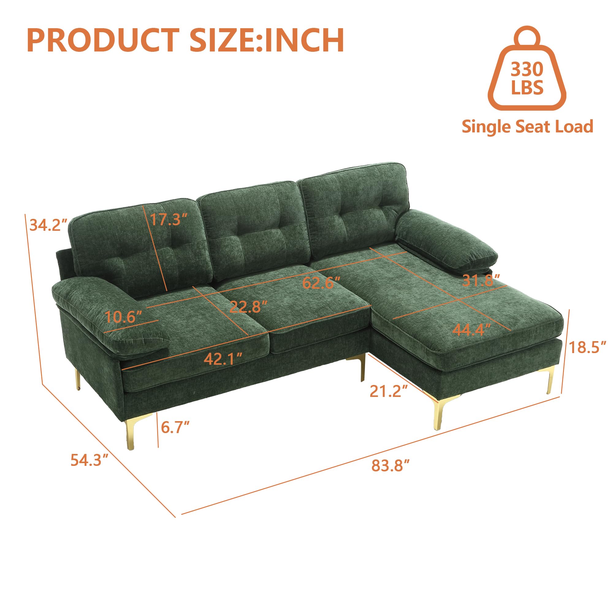 Tmsan 83.8" Small Convertible L Shaped Sofa Couch, Modern Chenille Sectional Sofa with Chaise Lounge, Comfy 3 Seater Couch for Living Room Bedroom Apartment Office Small Spaces