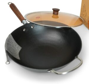 nomware premium 14-inch lightweight cast iron wok (includes glass lid and chain mail scrubber)