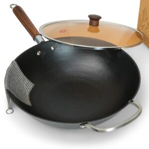 Nomware premium 14-inch lightweight cast iron wok (includes glass lid and chain mail scrubber)