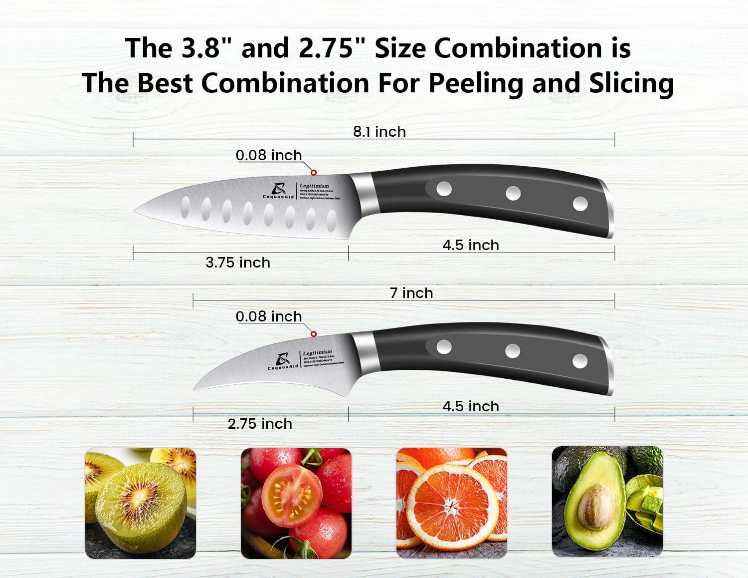 CoquusAid Paring Knife set, 2PCS small kitchen knife for fruit, 3.8 Inch Fruit knife and 2.75 inch Bird Beak peeling knife,Premium Germany Stainless Steel Ergonomic Handle,Elegant Black Ideal for Gift