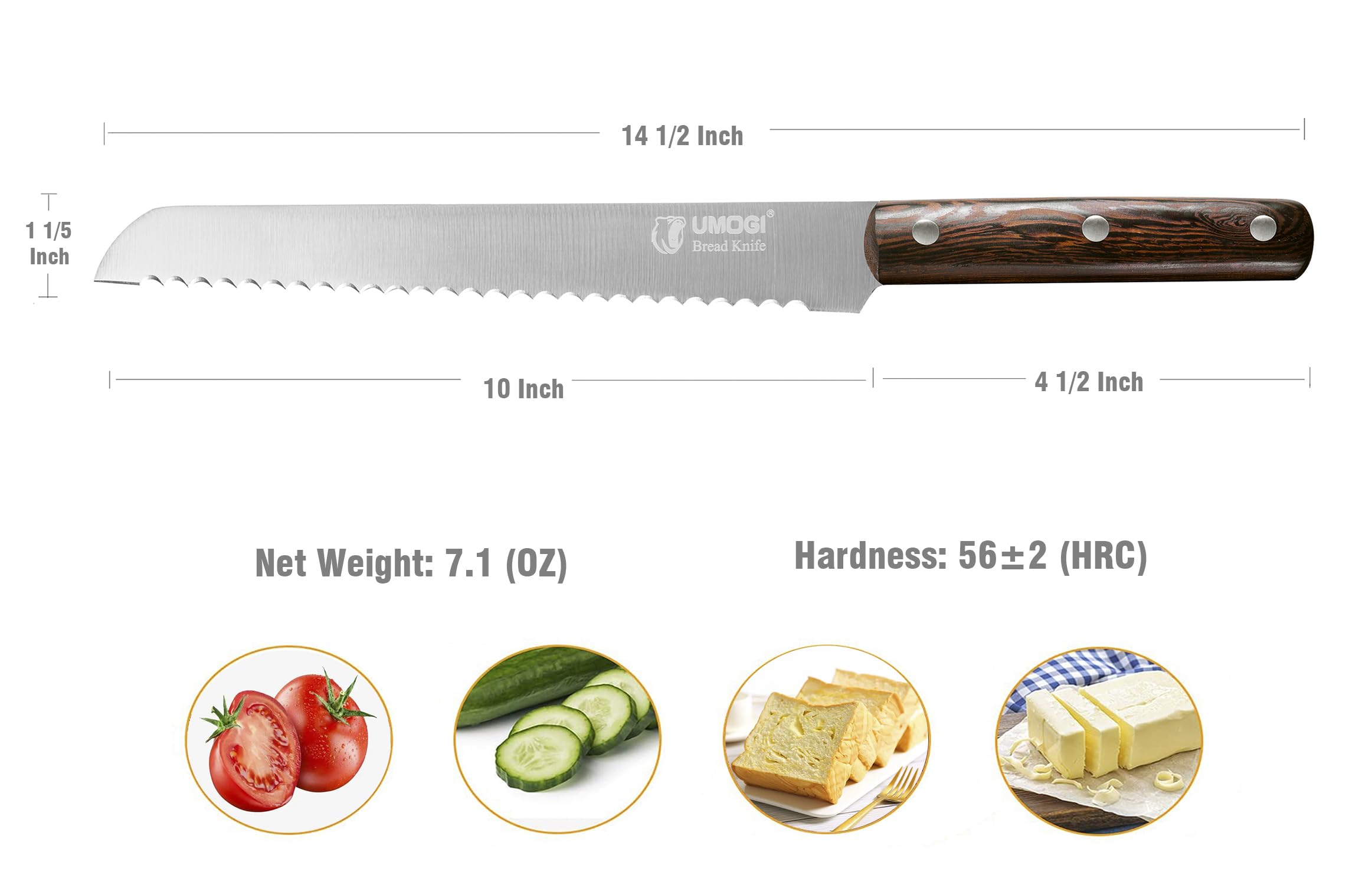 Premium 10 Inches German High-Carbon Stainless Steel Bread Knife - Ultra Sharp Serrated Blade, Full Tang Natural Wooden Handle - Ideal for Slicing Bread Cake Fruits & Vegetables