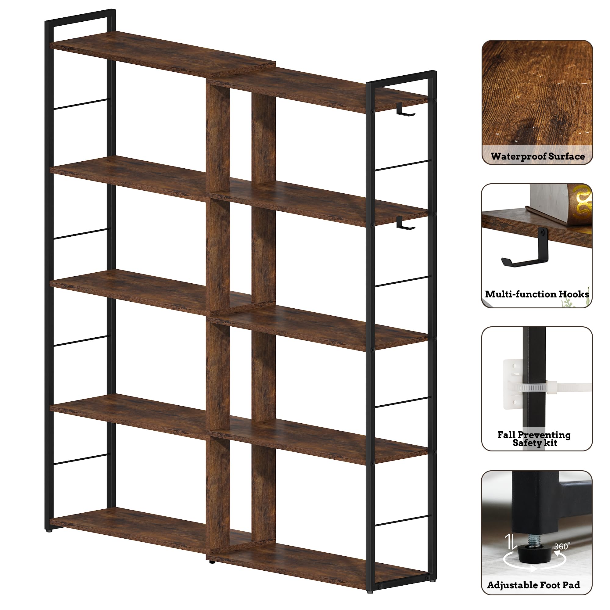 RKVPCNE 5 Tier L Shaped Bookshelf Wood Bookcase with 2 Hooks Modern Corner Bookshelf Library Industrial Shelving Book Case Adjustable Book Shelves for Bedroom Living Room Home Office Rustic Brown