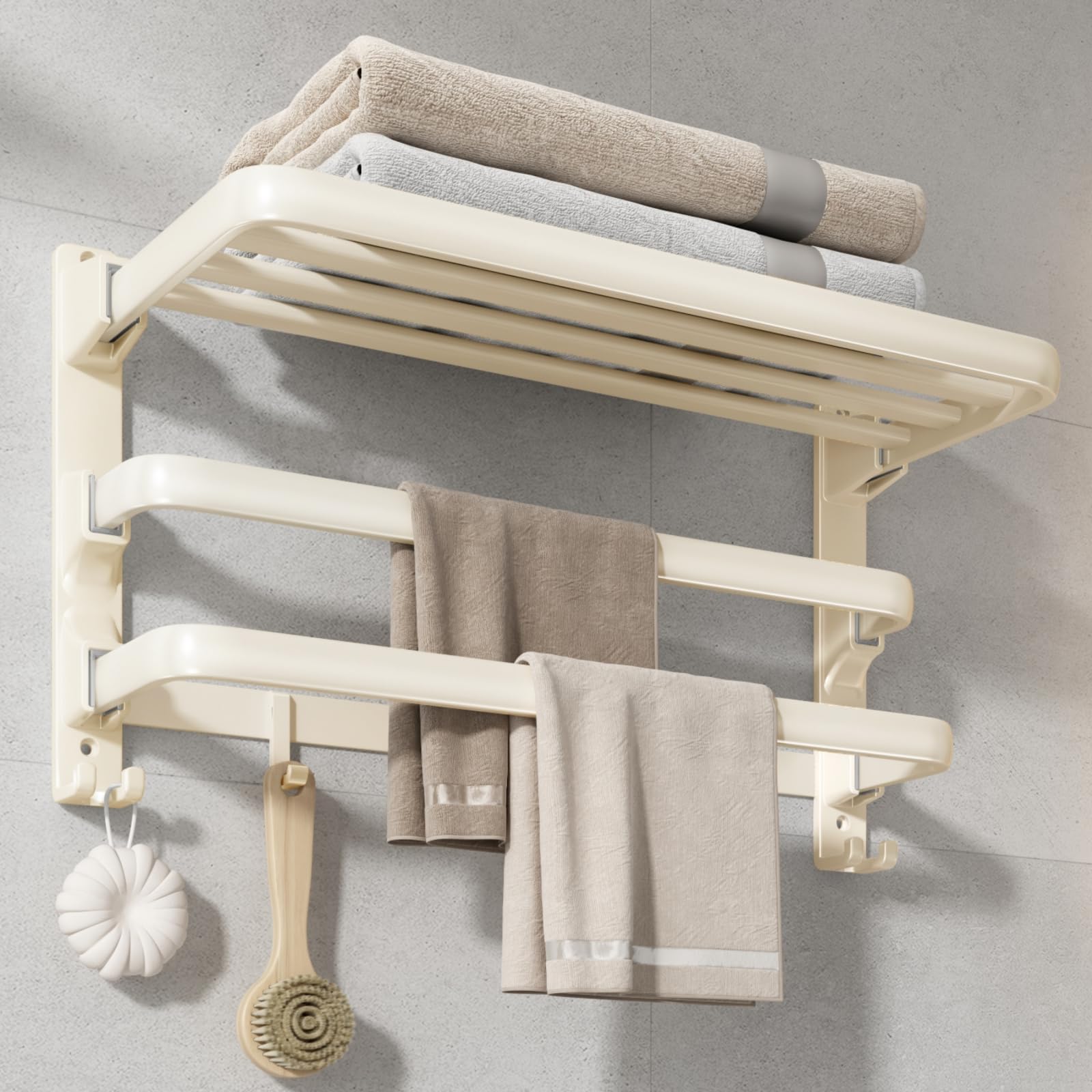 VOLDRA Towel Racks for Bathroom, 24-Inch Towel Shelf with 2 Towel Bar Foldable Towel Holder with 7 Hooks Towel Storage Organizer for Bathroom & Lavatory Wall Mounted(Milky White)