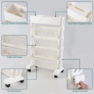 Doryh 5-Tier Plastic Mobile Bookshelf Organizer, Movable Bookcase with Wheels, White