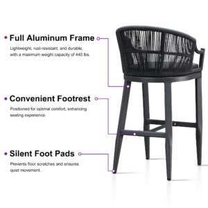 PURPLE LEAF Patio Bar Stools Set of 2 Outdoor Wicker Modern High Bar Chairs Metal Cushioned Barstools with Backs and Ergonomic Armrest for Balcony Garden Indoor Kitchen Island, Gray