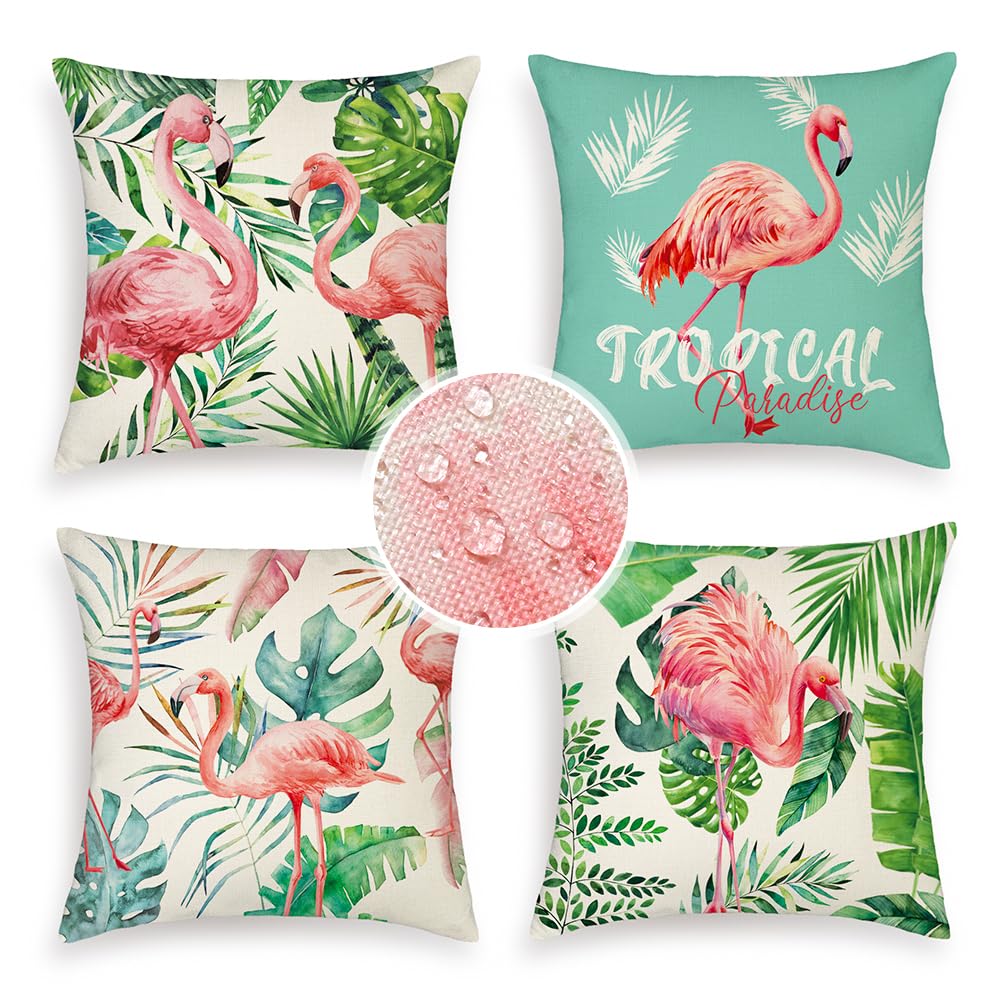 Ohok Outdoor Waterproof Pillow Covers 18x18 Set of 4 Farmhouse Decor Pillow Covers Outdoor Patio Throw Pillow Covers for Patio Funiture Garden Bed Couch Sofa (Flamingo)