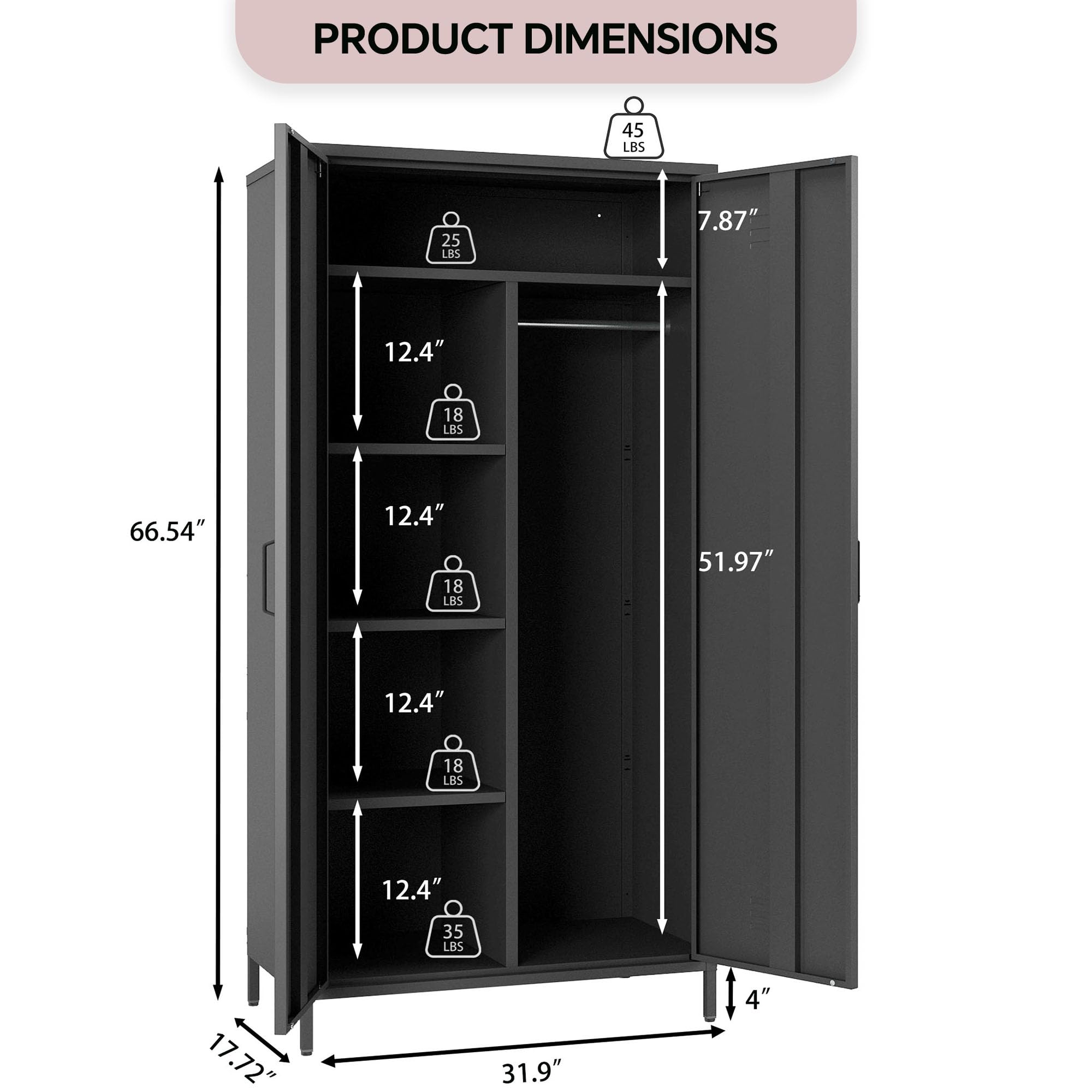 Steehoom Metal Armoire, Wardrobe Closet Cabinet with 1 Hanging Rod and 4 Shelves for Bedroom, Changing Room, Laundry Room, Office (Black)