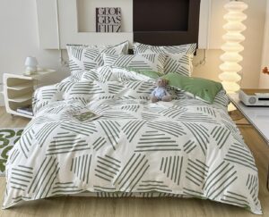 lmonmoo striped duvet cover queen, white 100% cotton duvet cover with green stripes pattern printed comforter cover reversible floral bedding set with zipper closure(white, queen)