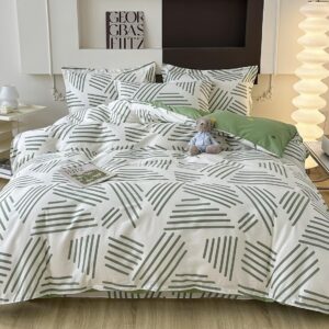 LMONMOO Striped Duvet Cover Queen, White 100% Cotton Duvet Cover with Green Stripes Pattern Printed Comforter Cover Reversible Floral Bedding Set with Zipper Closure(White, Queen)