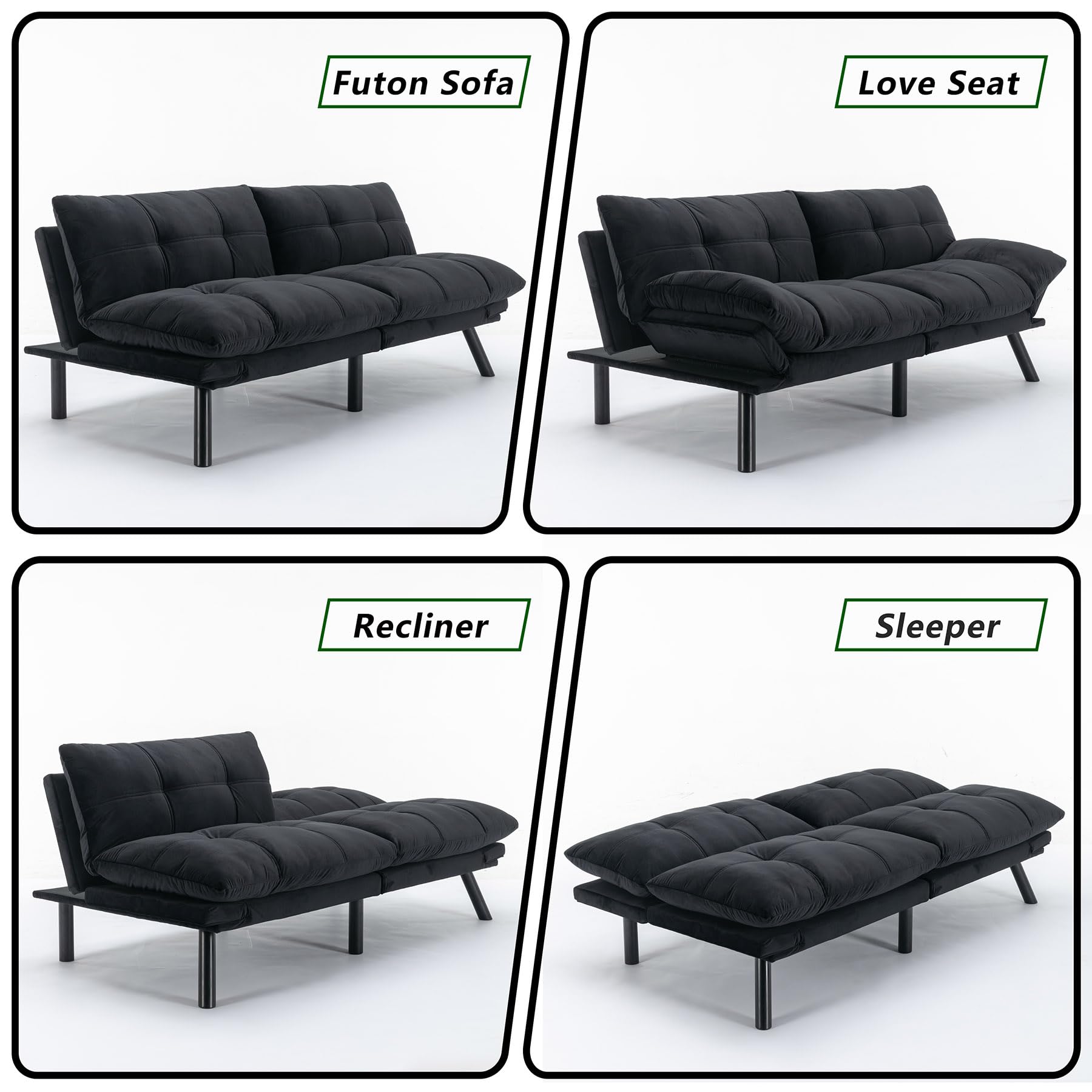 Anwick Modern Futon Couch Bed Sofa: Velvet Fabric Quick Folding Armrest Space-Saving Convertible 2 Seater Loveseat for Living Room Bedroom Small Rooms Apartment (Black)