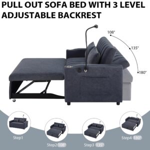 Merax 55.9" Loveseat Sofa Couch with Pull Out Bed, 3 in 1 Convertible Polyester Sleeper Sofa Bed with 3 USB Ports, 2 Cup Holders, and 360°Swivel Phone Holder for Apartment, Living Room (Blue Grey)