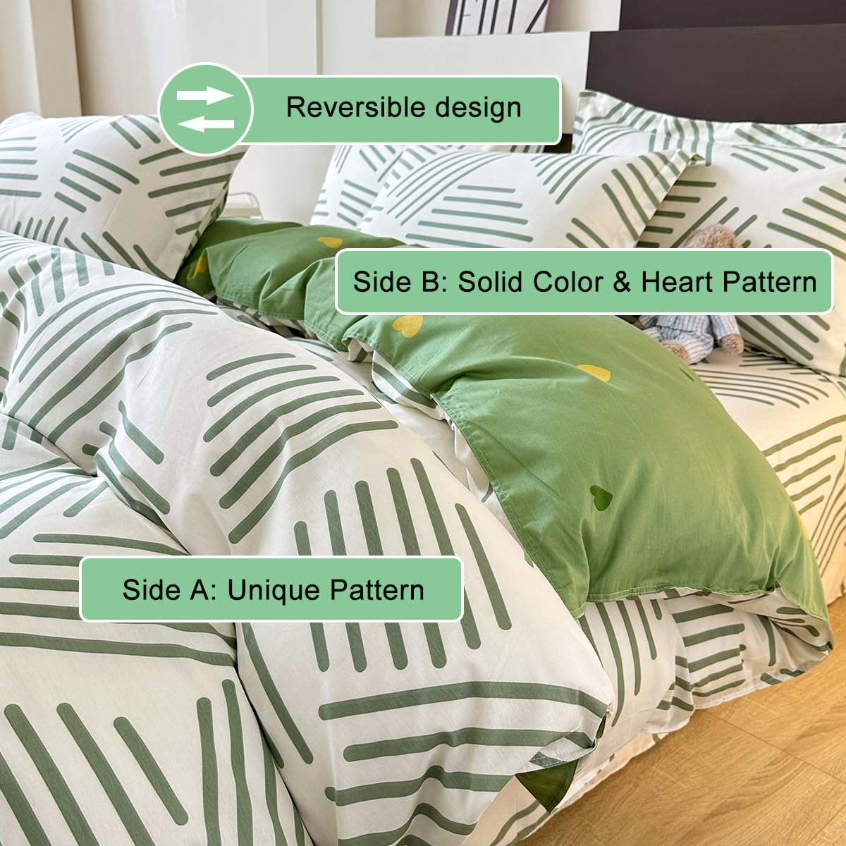 LMONMOO Striped Duvet Cover Queen, White 100% Cotton Duvet Cover with Green Stripes Pattern Printed Comforter Cover Reversible Floral Bedding Set with Zipper Closure(White, Queen)