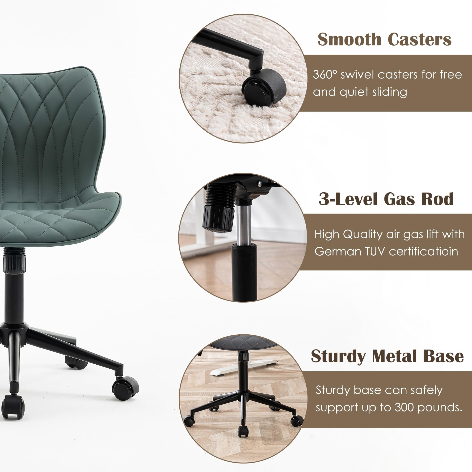 YOUNUOKE Armless Desk Chair Comfy Office Chair with Wheels Home Ergonomic Task Chair Adjustable Computer Chairs Modern Faux Leather Swivel Chair Upholstered Makeup Vanity Chair(Grayish Green)