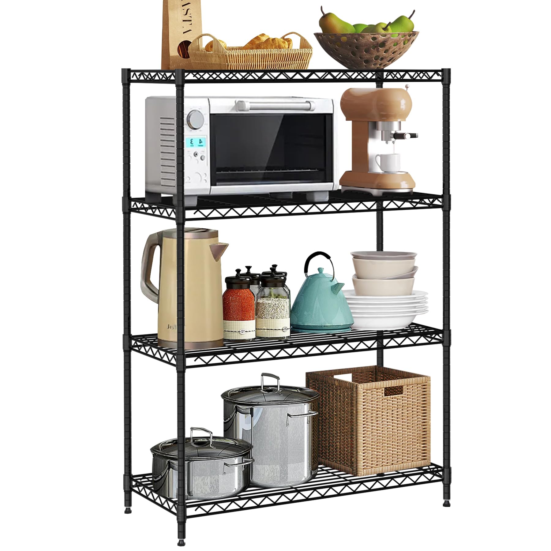 WYGMAV 4 Tier Shelf Metal Wire Shelving Unit Adjustable Storage Shelves Storage Rack Heavy Duty Steel Standing Shelf Units for Restaurant, Garage, Kitchen Metal Shelves with Feet Leveler, Black