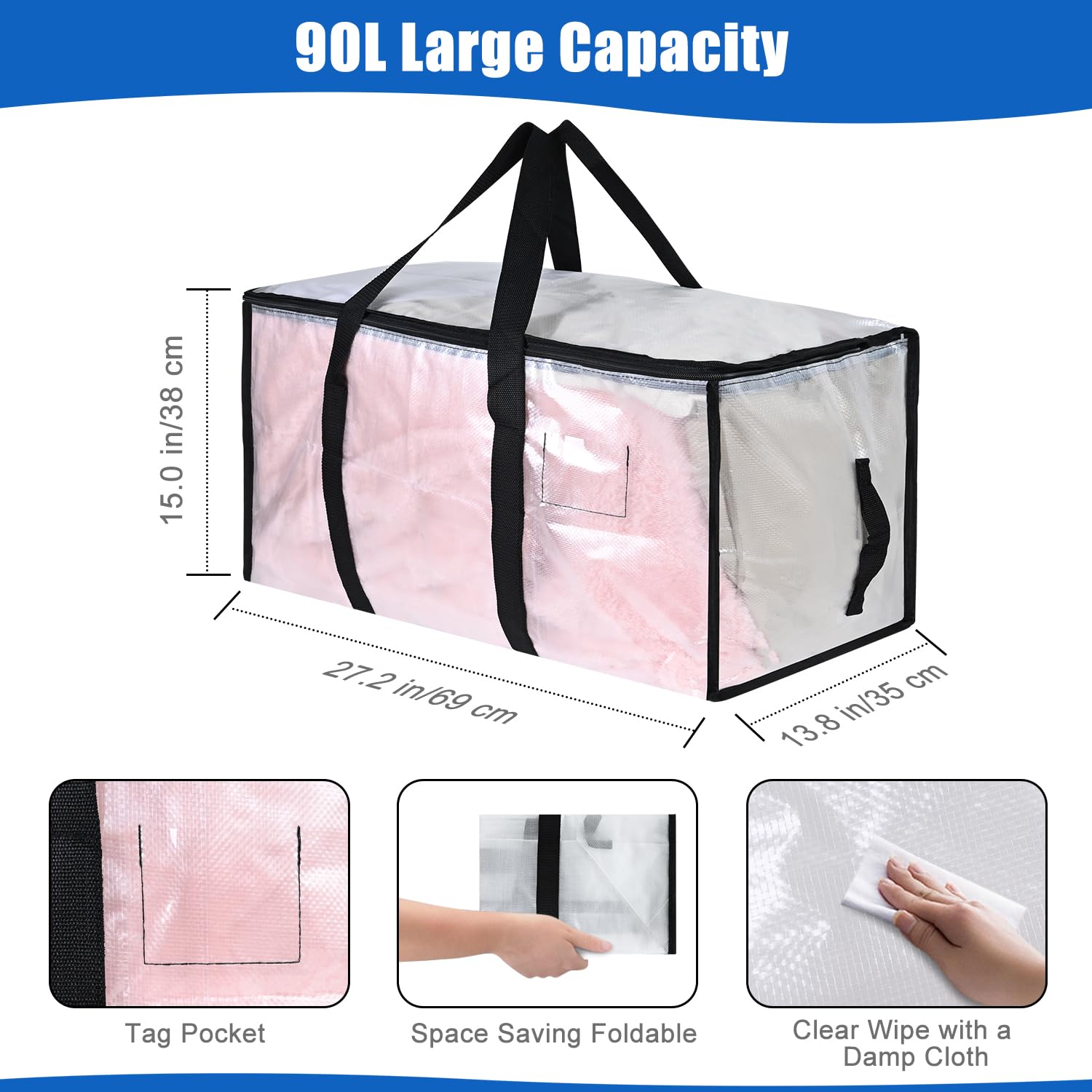 Rihim Clear Moving Bags 90L - 8 Pack Large Heavy Duty Storage Bags with Zipper, PP Plastic, Waterproof - Moving Totes with Lids, Packing and Storage Clothes, Pillow etc