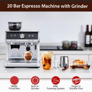 Takywep Espresso Machine with Grinder, 20 Bar Semi Automatic Espresso Machine with Milk Frother Steam Wand, Professional Barista Espresso Maker with 2.8L Water Tank, Perfect for Home, Office & Cafe