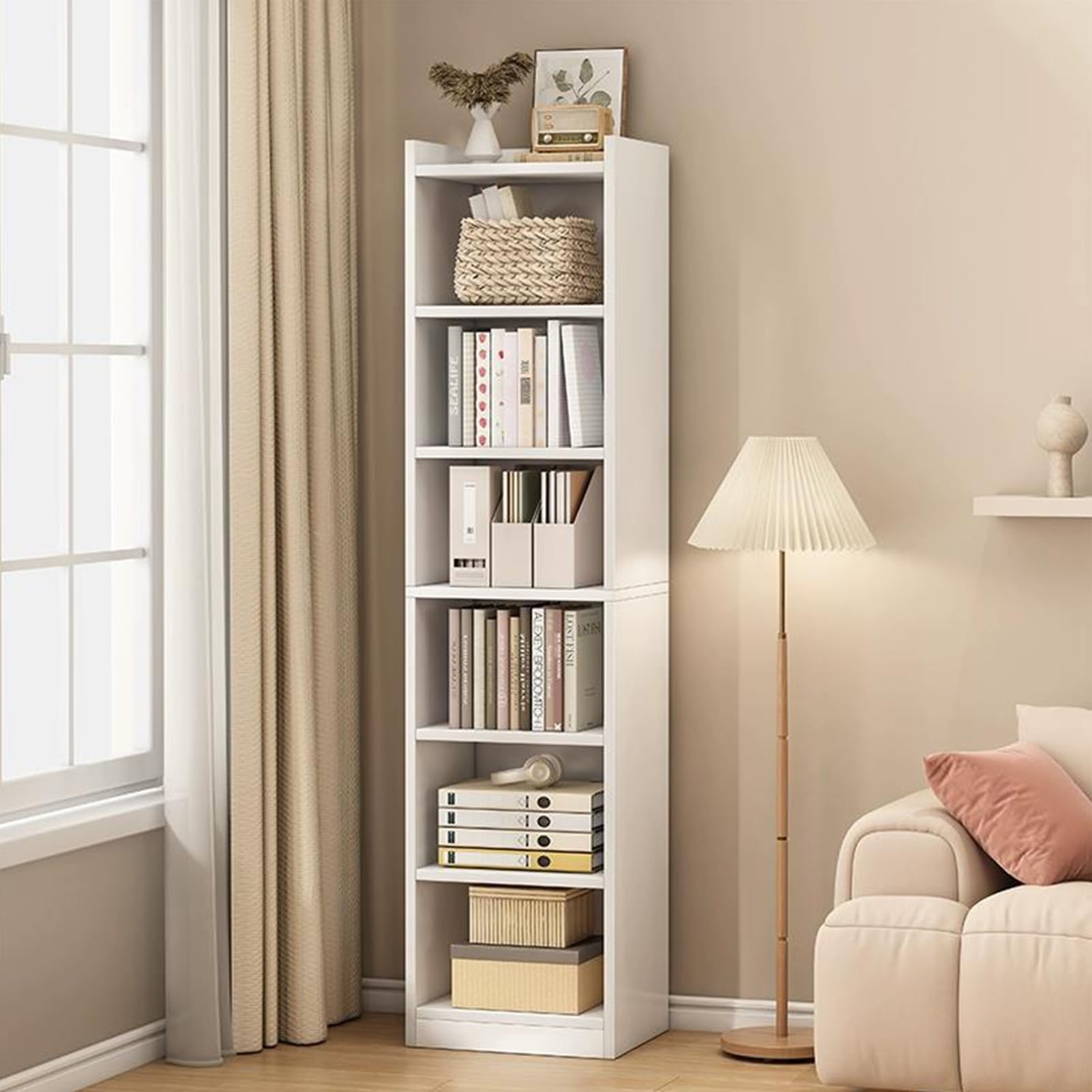 Worparsen 70.9 Inch Tall Narrow Bookcase,Floor Standing Storage Cabinet,Corner Bookshelf with Storage,6 Tier Cube Display Shelves,Tall Narrow Bookcase Display Bookshelf for Home Office White