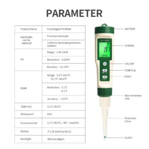 RAINLEOTI Digital pH Meter for Food,Food PH Tester 2 Probe 0.01 Resolution High Accuracy Digital PH Meter with Backlit LCD Display & ATC for Meter,Sourdough,Fruit,Cheese,Bread,Soft Soil Water&Solution