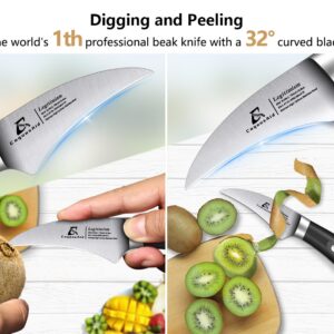 CoquusAid Paring Knife set, 2PCS small kitchen knife for fruit, 3.8 Inch Fruit knife and 2.75 inch Bird Beak peeling knife,Premium Germany Stainless Steel Ergonomic Handle,Elegant Black Ideal for Gift