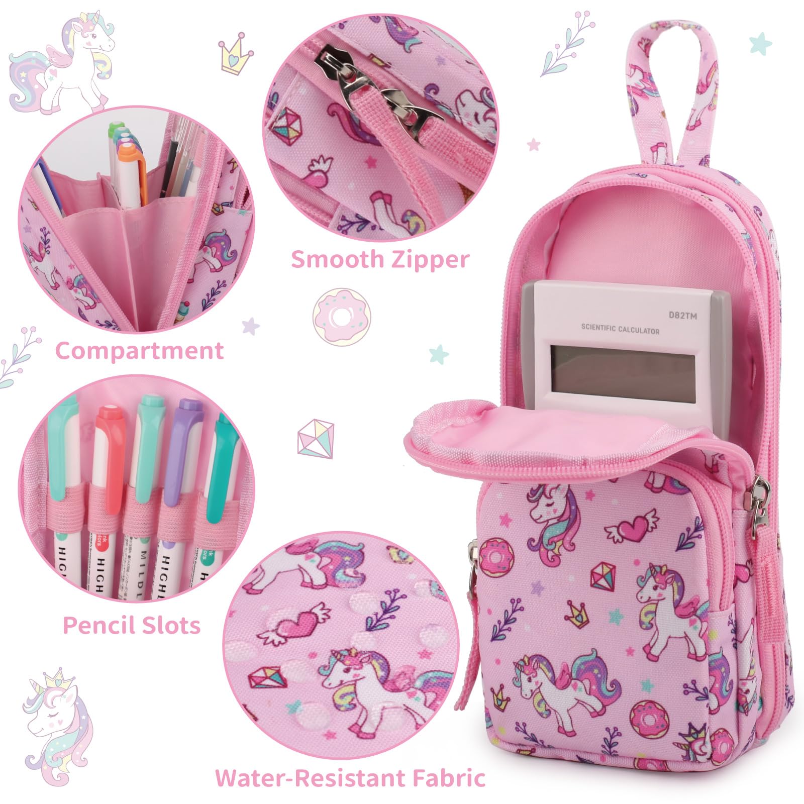 BERRYRIZZ Unicorn Large Capacity Pencil Case Pen Pouch Organizer Canvas Pencil Bag with Handle School Supplies for Teen Girls-Pink