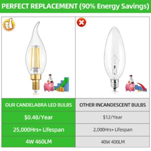 weddeg E12 LED Candelabra Bulbs 40 Watt Equivalent, Dimmable 2700K Warm White LED Candle Light Bulbs, 460LM 4W Flame Tip CA10 Chandelier Light Bulbs, 90+CRI, 12-Pack