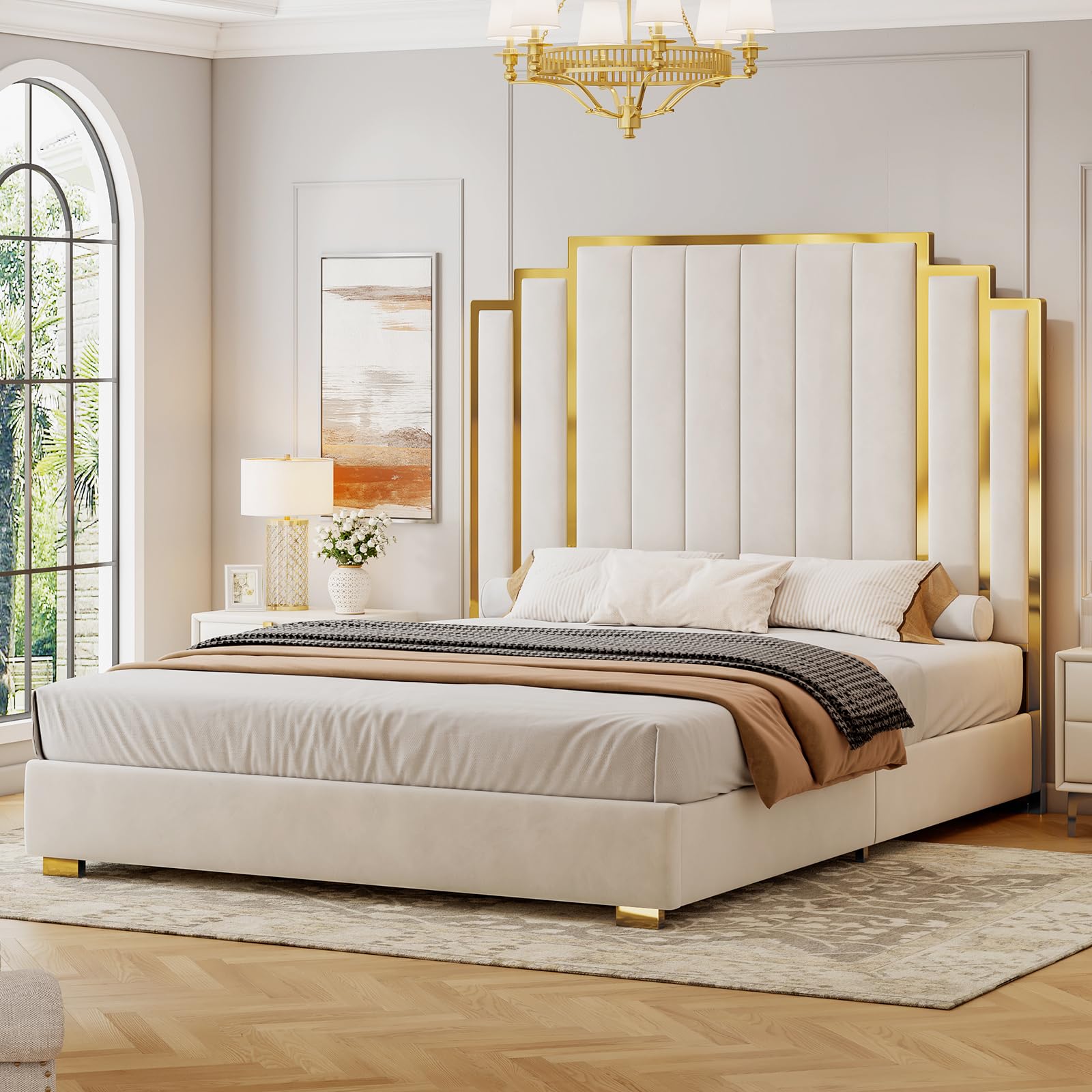 YUMPIE King Size Platform Bed Frame with 65" Extra Tall Headboard, Velvet Upholstered Bed with Golden Plating Trim, Wooden Slats/No Box Spring Needed/Noisy Free/Cream