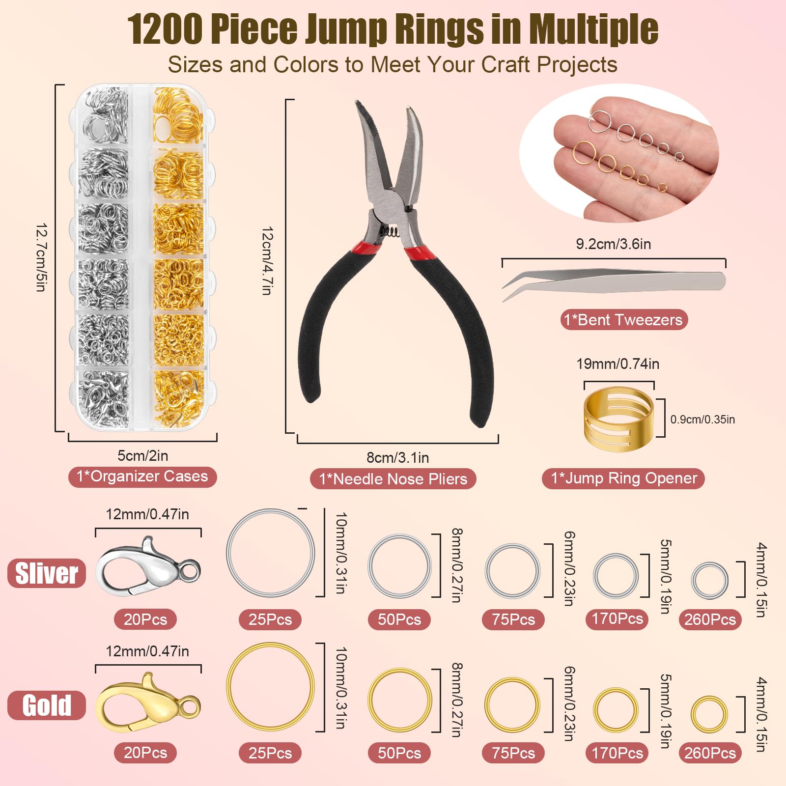 Amrules 1200 Pcs Jump Rings for Jewelry Making Supplies, Necklace Repair Kit with Open/Close Tools, Pliers, Tweezers, Lobster Clasps, Jewelry Jump Rings for Crafts and Key Chains (Silver and Gold)