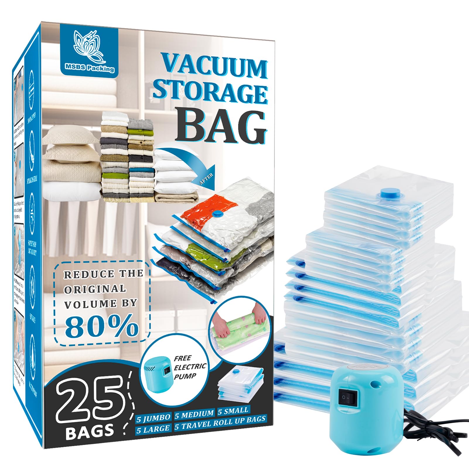 25 Pack Vacuum Storage Bags with Electric Pump, Space Saver Bags (5 Jumbo/5 Large/5 Medium/5 Small/5 Roll) Compression for Comforters and Blankets, Sealer Clothes Storage Travel Essentials