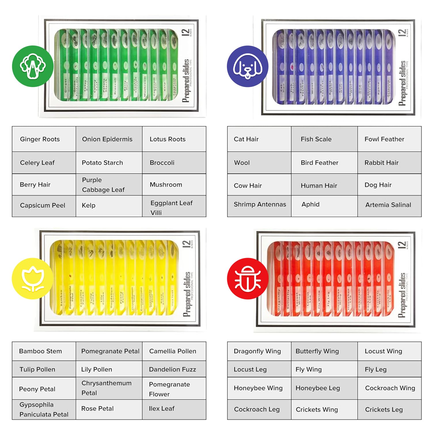 AOTRUTII Prepared Microscope Slides for Kids, 48Pcs Plastic Animals Plants Flowers Microscope Sample Slides, Ideal for Kids Students