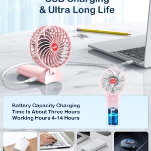 Small Portable Fan Handheld and Rechargeable: Pink Mini Hand Fans 4 Speeds Adjustable Cool Air Wind Multi angle Folding Battery Operated USB Powered Quiet Personal Fans for Women Travel Outdoor Home