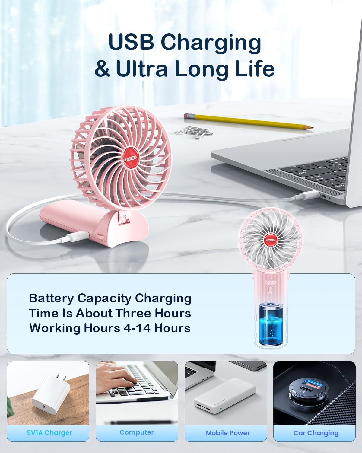 Small Portable Fan Handheld and Rechargeable: Pink Mini Hand Fans 4 Speeds Adjustable Cool Air Wind Multi angle Folding Battery Operated USB Powered Quiet Personal Fans for Women Travel Outdoor Home