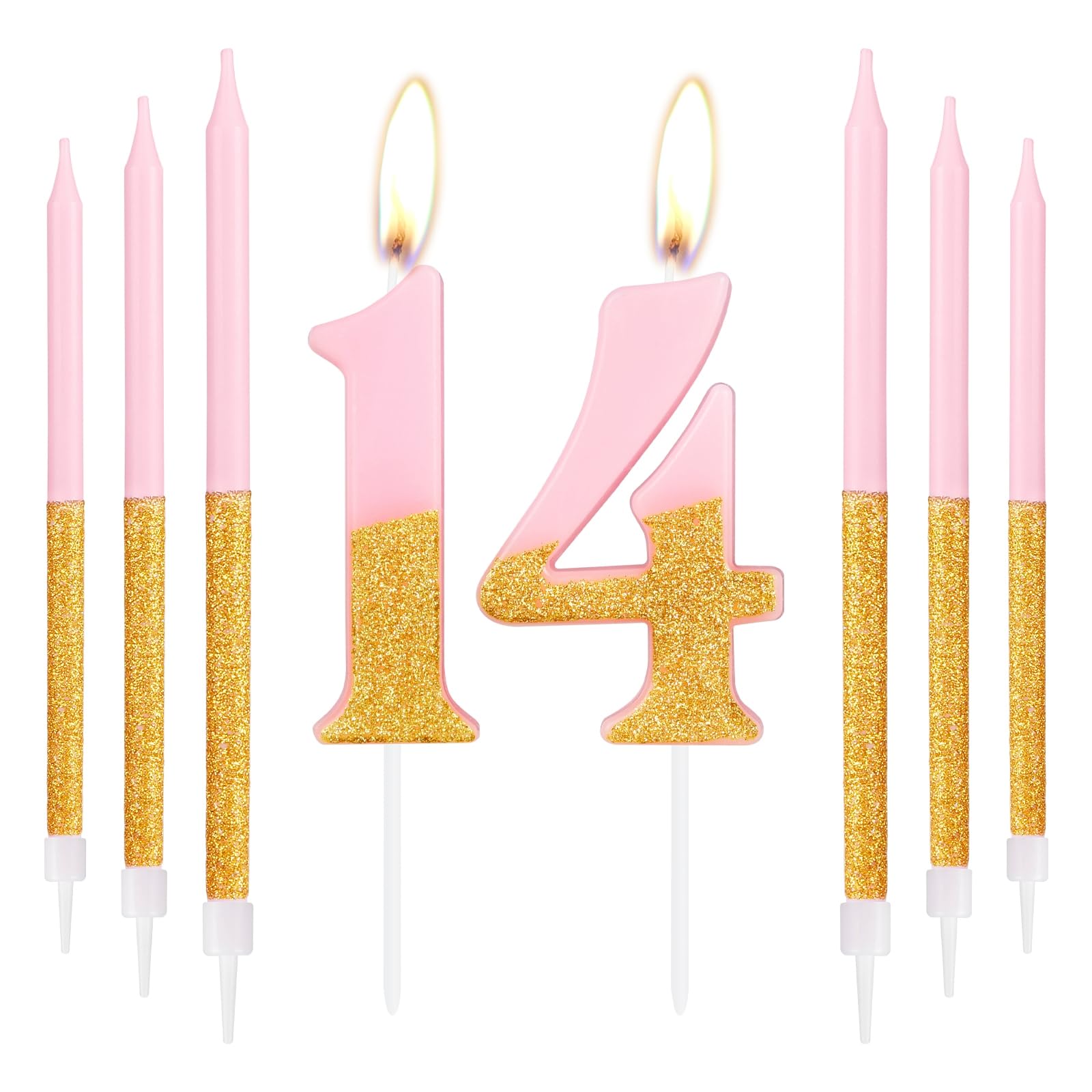 iNINGER Pink Gold Birthday Candles,Pink Glitter Number 14 Candles with Long Candles,Birthday 14th Candles,Girls 14th Birthday Cake Candles Decorations,Birthday Anniversary Wedding Party