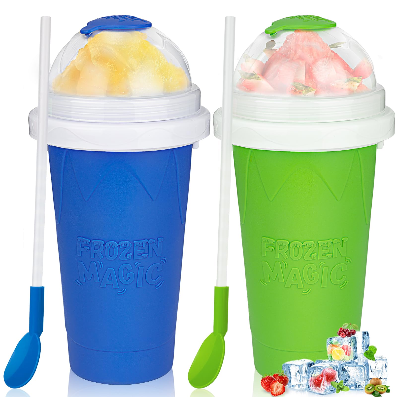 Slushie Maker Cup 2 Pack, Quick Frozen Magic Slushy Cup, Double Layer Silicone Slushie Maker, DIY Cooling Cup Smoothie Squeeze Cup with Lid Straw for Kids, Family