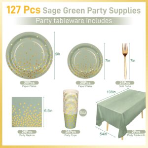 Etsutomy Sage Green Party Supplies, 127PCS Sage Green Paper Plates Napkins Cups Forks Disposable Dinnerware Set Serves 25 Guests, Sage Green Party Decorations for Wedding Baby Shower