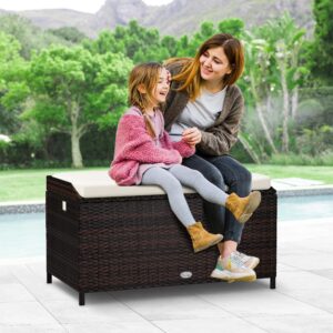 YITAHOME Outdoor Wicker Storage Bench Deck Box, Large PE Rattan Patio Storage Bench w/Covenient Handles and Soft Cushion for Patio, Yard, Lawn, Garden